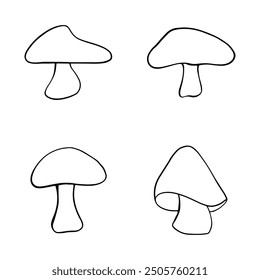 Illustration of autumn forest plants. Graphic vintage mushrooms with stars. Botanical illustrations. Witch mushrooms for Halloween. Graphic vintage doodle illustration with space magic mushrooms. 