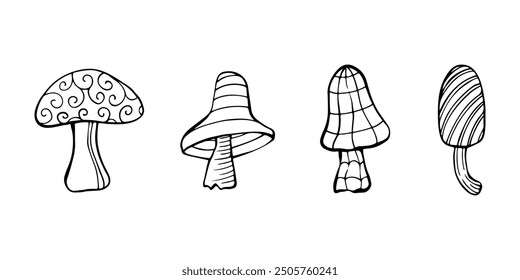 Illustration of autumn forest plants. Graphic vintage mushrooms with stars. Botanical illustrations. Witch mushrooms for Halloween. Graphic vintage doodle illustration with space magic mushrooms. 