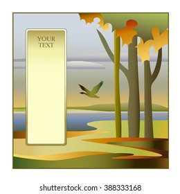 Illustration of autumn landscape with flying duck and with card for text