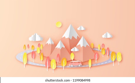 Illustration of autumn landscape with van on road. Travel in the autumn. Graphics for Autumn tourism. paper cut and craft design. vector, illustration.