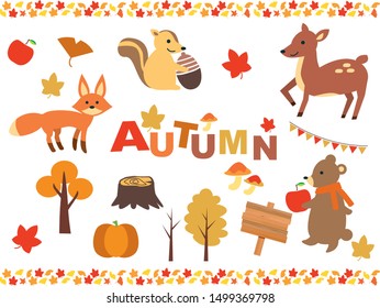 Illustration of autumn leaves and animals