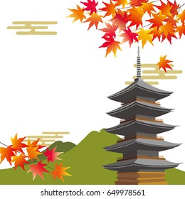 Illustration of autumn leaves and  japanese temple