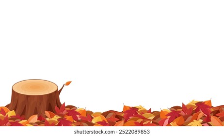 Ilustración de hojas de otoño amontonadas alrededor de un stump_frame_16:9