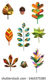 Illustration with autumn leaves,acorn and hazelnut