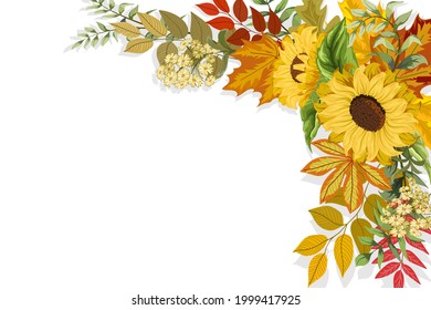Illustration with autumn leaves.Sunflowers and autumn leaves on a white background in vector illustration.