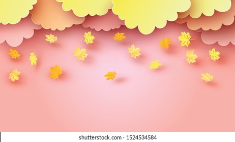 Illustration of Autumn with maple leaves are falling in forest. and place for your text space. Maple forest In the fall. paper cut and craft style. vector, illustration.