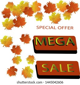 Illustration of autumn mega discount banner. Yellow leaves on a light background.Bright modern autumn design. Vector graphics.