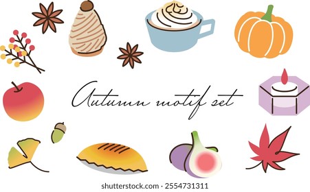 Illustration, Autumn motif set (sweets, fruits, autumn leaves, ginkgo)