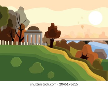 Illustration of autumn park and ballons on sunset