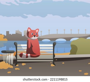 Illustration of the autumn park. A red panda is sitting on a bench on the embankment. An urban landscape with a bridge, a river and a reflection in it, autumn leaves on the ground. Ready to use eps