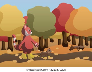 Illustration of the autumn park. A red panda on a walk with a dog noticed a forest squirrel. Colorful trees, yellow shoes, withered foliage. Ready to use eps for your design