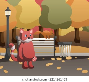 Illustration of the autumn park. The red panda met the squirrel on the bench. Colorful trees of red, green, yellow and orange colors, fallen leaves on the ground. Ready to use eps for your design