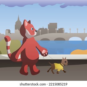 Illustration of the autumn park. A red panda on a walk with a dog in a cute yellow raincoat. Animal clothing, the embankment, the city on the background of the river. Ready to use eps for your design