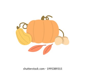illustration of autumn pumpkin, acorn, autumn leaves. design elements for thanksgiving and fall events. flat cartoon style. vector element design