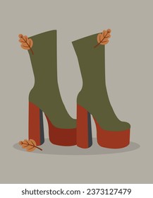 Illustration Autumn with Retro Boots and Leaves