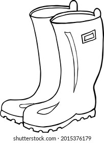 Illustration with autumn rubber boots. Line drawing, vector graphics. Black and white picture for coloring.