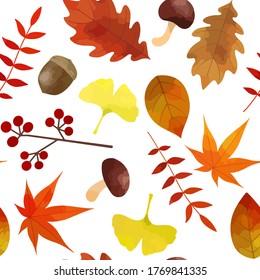 Illustration of autumn seamless pattern (material of autumn leaves and mushrooms scattered on a white background)