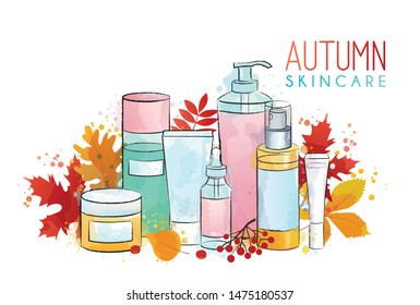 Illustration of autumn seasonal skincare routine and treatment. Leaves and berries, cleanser, lotion, eye cream, essence, serum, balm, toner. Cosmetics, treatment. Watercolor texture background.