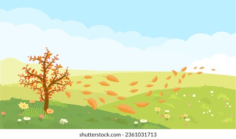 Illustration of an Autumn Tree with Falling Leaves on a Hill