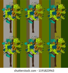 Illustration of autumn trees on different colors of stripes background