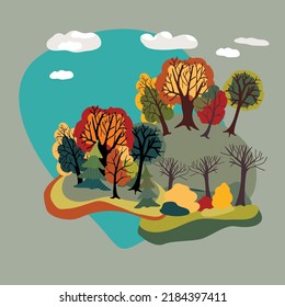 illustration with autumn trees and sky with clouds. vector design for paper, fabric and other surface