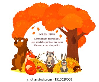 Illustration of autumn in the woods, wild animals in wild nature. Fox, here, wolf, bear, hedgehog in its own habitat. Children illustration of animals in autumn season with placce for text. 