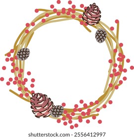 Illustration, Autumn wreath, decoration (red nuts, pine cones)