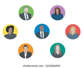 Illustration von Avataren mit Charakteren aus einer ethnisch vielfältigen und gemischten Altersgruppe fokussierter Geschäftsleute. Vektorgrafik einzeln auf weißem Hintergrund.