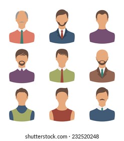 Illustration avatars set front portrait of males isolated on white background - vector