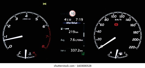Illustration of average fuel consumption display between circular speedometer and tachometer. Car instrument dashboard with display fuel range, temperature gauge, trip distance and lane assist icon.