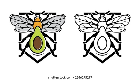illustration of avocado bee logo design template. modern style in colorul and monochrome colors. isolated on horizontal white background.