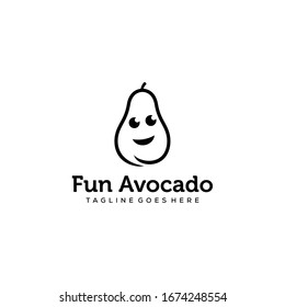 Illustration of an avocado with both ends of a spoon and fork and a smiling face indicate delicious dishes logo design.