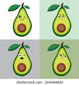 Illustration of avocado character with different facial expressions. looks cute and tiny. This illustration is perfect for a drink logo or for a poster.