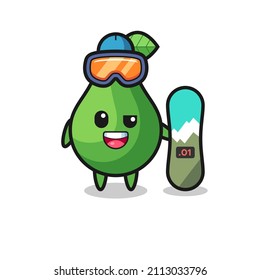 Illustration of avocado character with snowboarding style , cute style design for t shirt, sticker, logo element