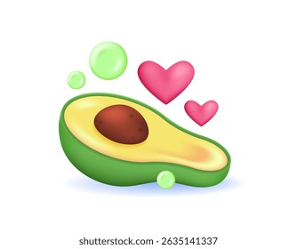 ilustração da fatia de fruta abacate com semente e símbolo do coração. abacate fruta amor conceito. como fruta. abacate dia. símbolo ou ícone. design estilo 3d minimalista. elemento