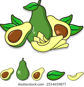 Illustration of avocado fruit and avocado slices, eps 10, editable.