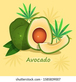 Illustration of avocado with green leafs on yellow background