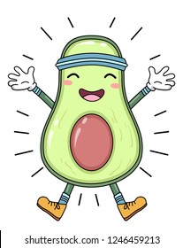 Illustration of an Avocado Mascot Wearing Exercise Head Bands and Energized and Ready for Exercising