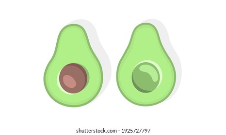 illustration of an avocado, two halves of an avocado, one half with a grain inside, the other without