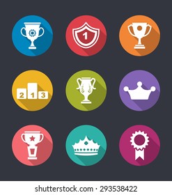 Illustration Award Flat Icons Set of Prizes and Trophy Signs, Long Shadow Style - Vector