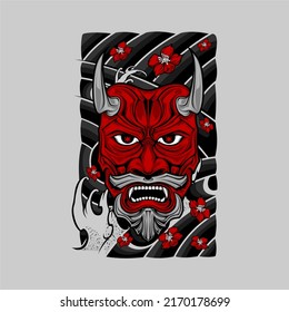 Illustration with awesome background of japanese oni mask