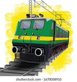 Illustration of awesome close front engine view of Indian train running on track