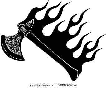 illustration of ax with flames in white background