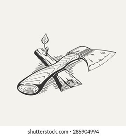 Illustration of ax and log. Monochrome on white background.
