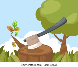 illustration of an axe stuck in forest
