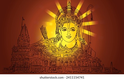 ilustración de ayodhya ram mandir con dios rama