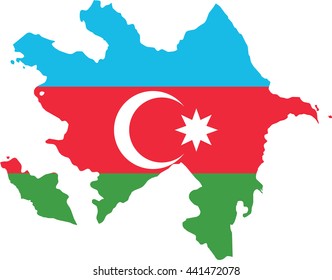 Illustration of Azerbaijan flag on map of country; isolated on white background.