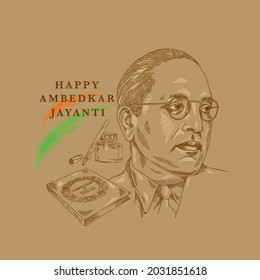 Illustration Of B. R. Ambedkar
With Indian Constitution, Ink Bottle And Pen In The Background.