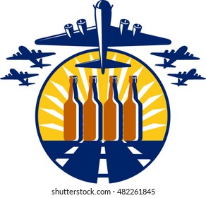 Ilustración de una Fortaleza Voladora B-17, un bombardero pesado de cuatro motores de la Guerra Mundial que despegó y en vuelo completo con botellas de cerveza en la pista dentro del círculo hecho en estilo retro. 