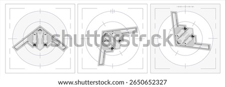 Illustration of B2 Stealth Bomber in Target Lock Scope – Futuristic Military Aircraft Top View with Combat Radar HUD Overlay,  Top View B2 Bomber with Blue Radar Overlay